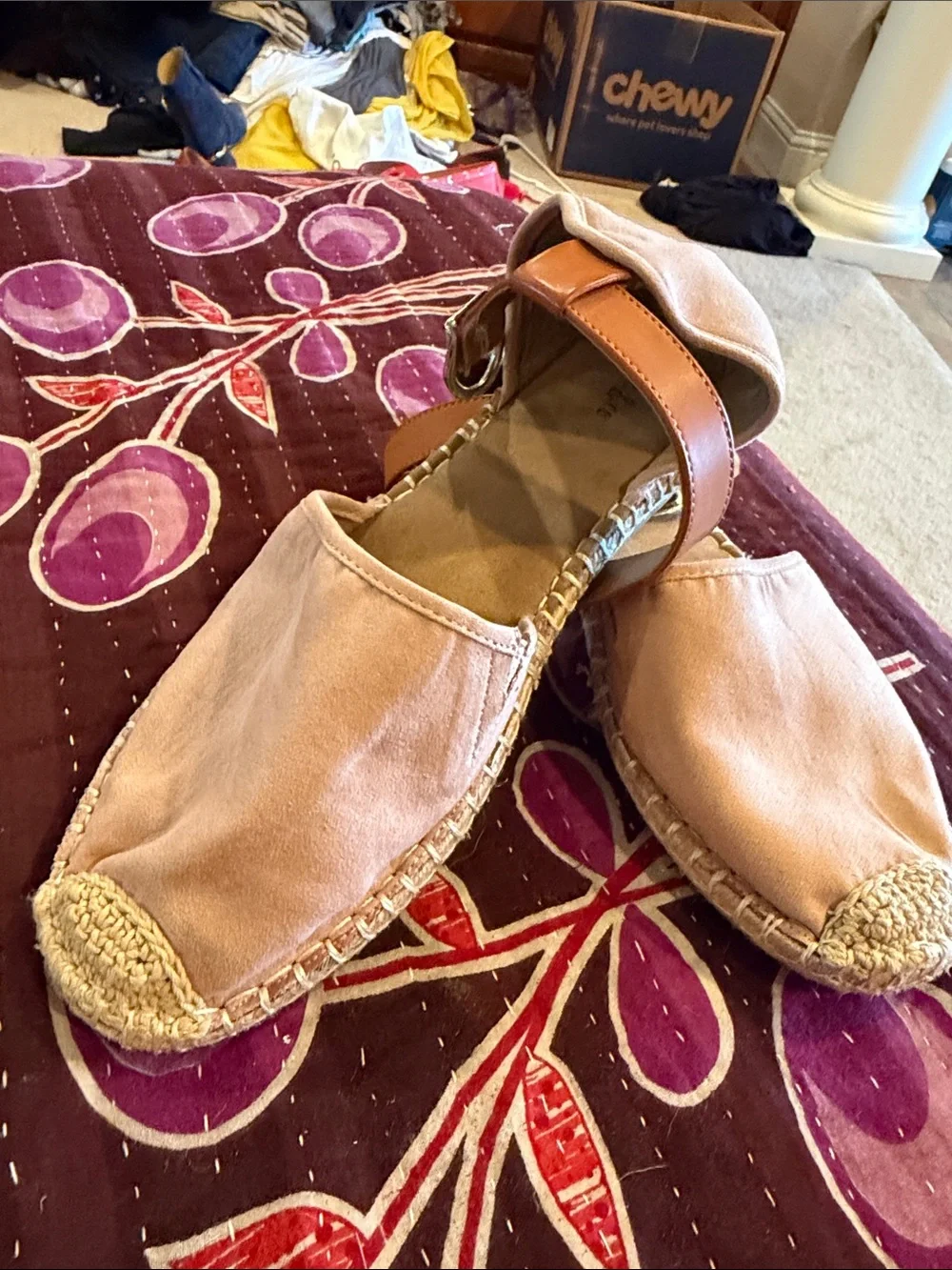 Style & Co. Pink Espadrille Ankle-Strap Flats with Tan Strap 10